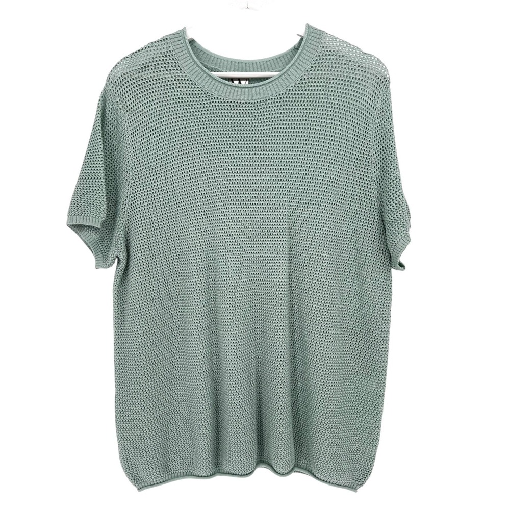 Worthington Sweater Women XXL Seattle Green Open Knit Mesh Short Sleeve NWT